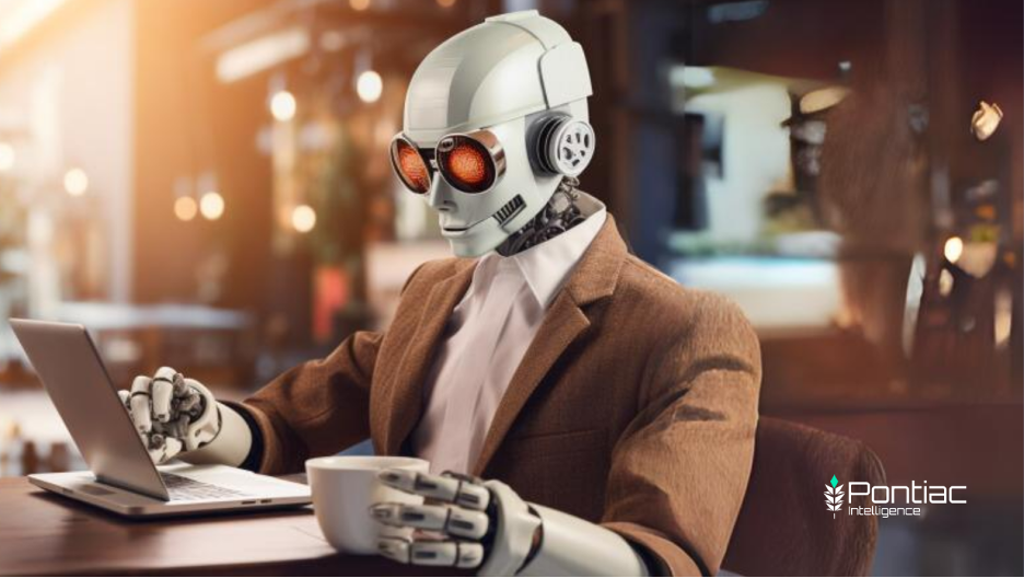 A robot sipping coffee reading an article.