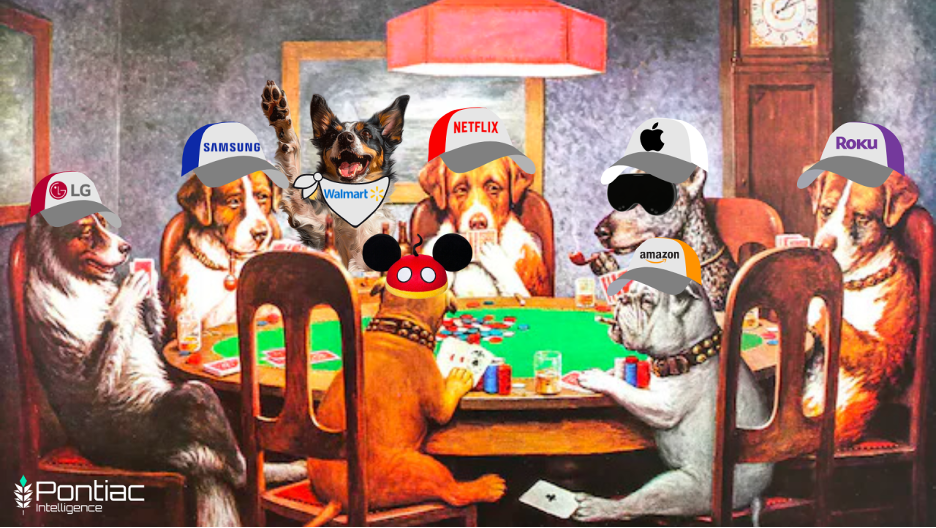 Dogs playing poker with the major CTV providers as hats